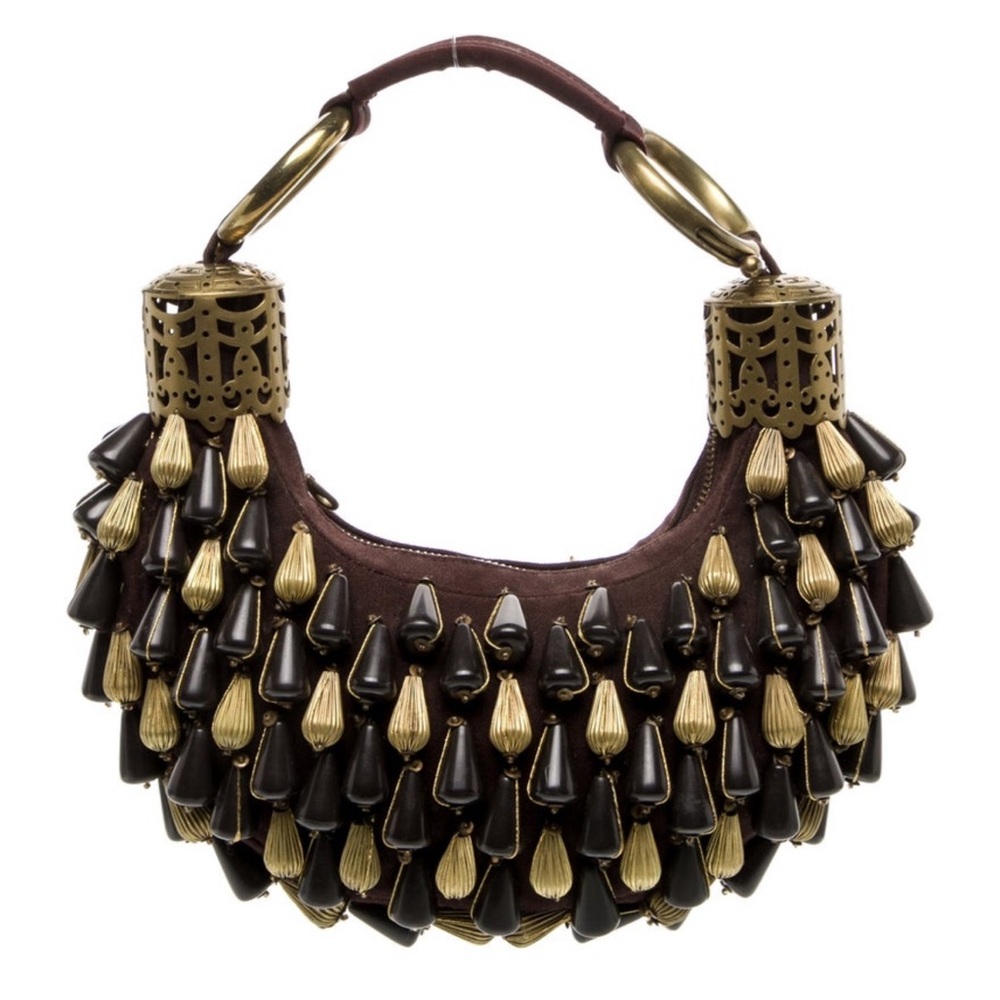 Chloé Phoebe Philo Era Embellished Canvas Top Handle Bag Brown Gold Beaded